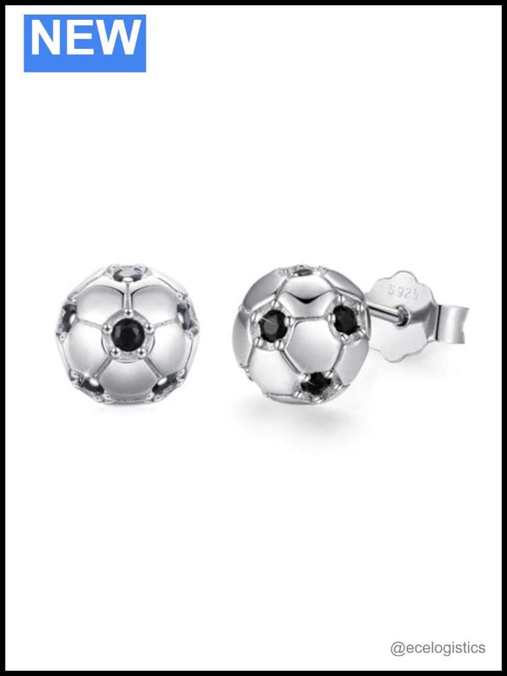 925 Sterling Silver Soccer Stud Earrings with Zircon Sports Jewelry